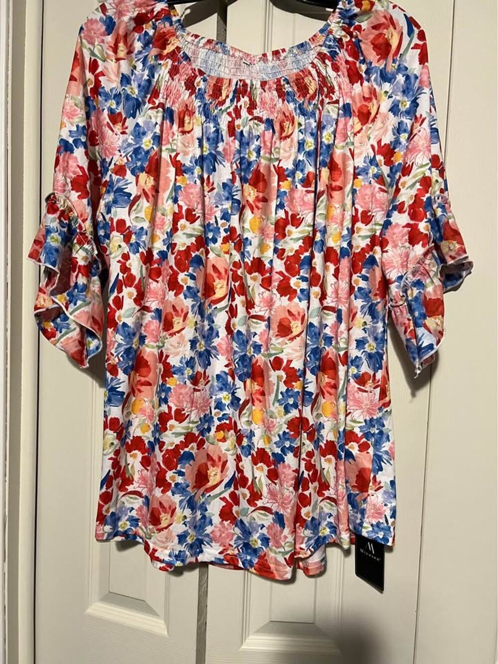 Micoson Womens 2XL Floral Off Shoulder Peasant Blouse Ruffle Sleeve NWT